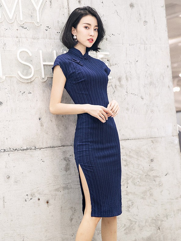 Navy Blue Striped Mid Cheongsam / Qipao ...