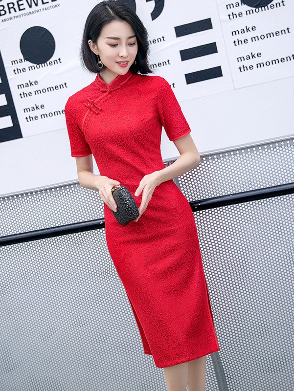 Red Lace 2019 Mid Cheongsam / Qipao Party Dress
