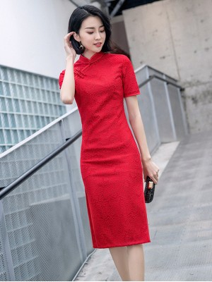 Red Lace 2019 Mid Cheongsam / Qipao Party Dress