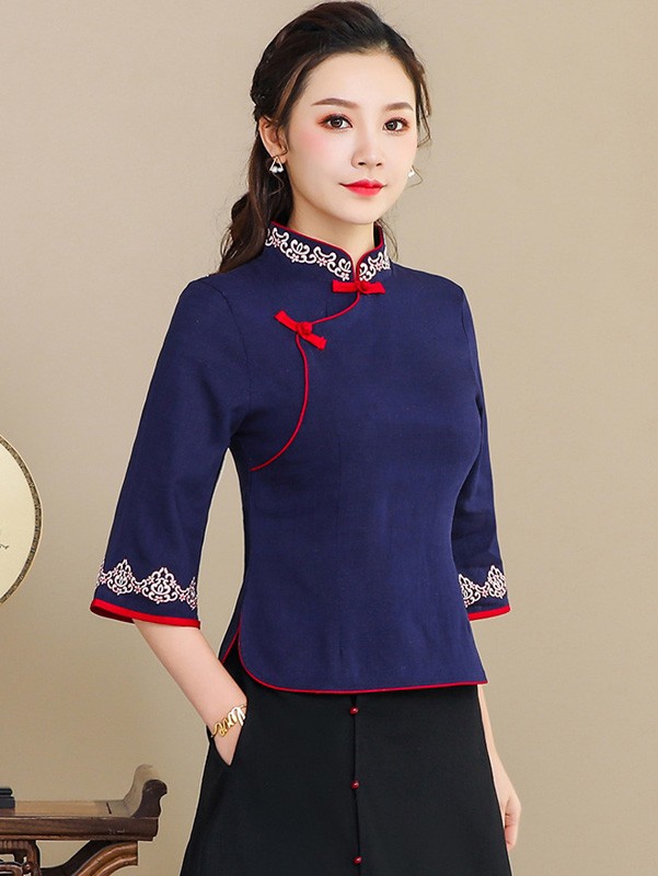 Navy Blue Linen Qipao / Cheongsam Blouse Top