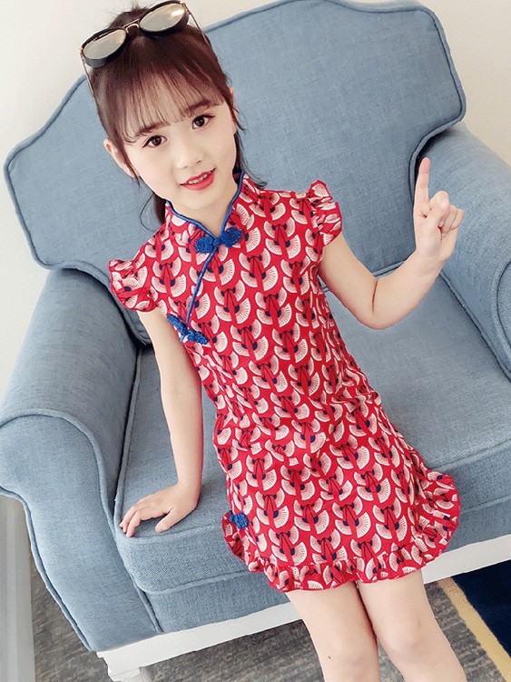 Red Frill Sleeve Kids Girl Cheongsam / Qipao Dress