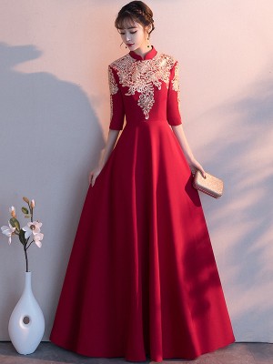 Red A Line Floor Length Qipao / Cheongsam Evening Dress with Gold Appliques