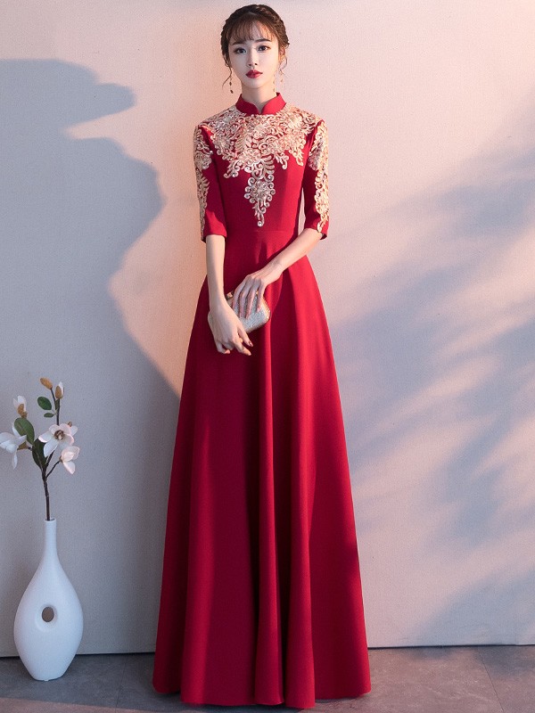 Red A Line Floor Length Qipao / Cheongsam Evening Dress with Gold Appliques