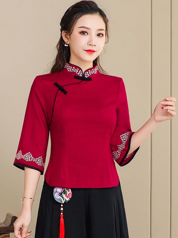 Red Linen Qipao / Cheongsam Blouse Top