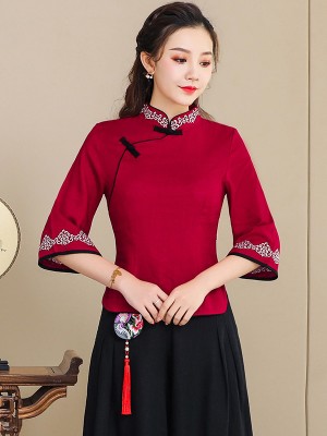 Red Linen Qipao / Cheongsam Blouse Top