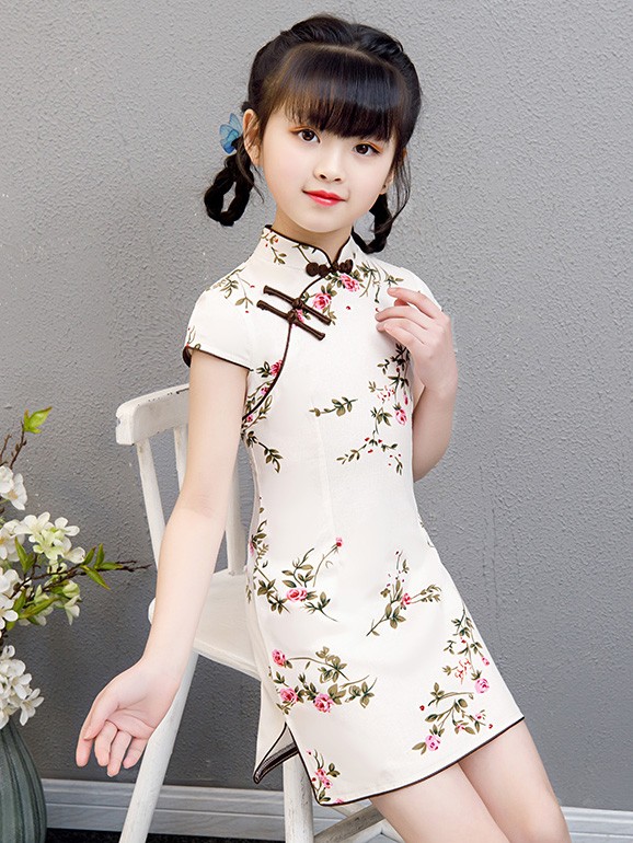 Kid's Floral Linen Cheongsam / Qipao Dress