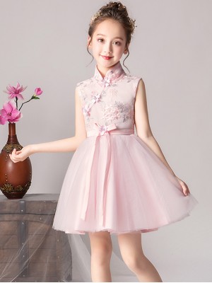 Pink Embroidered Flower Girl Tulle Qipao / Cheongsam Dress