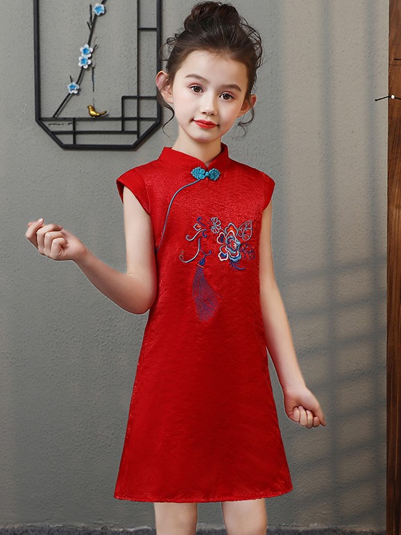 Red Embroidered Kids Girl Cheongsam / Qipao Dress