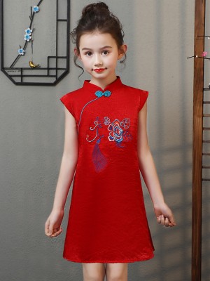 Red Embroidered Kids Girl Cheongsam / Qipao Dress