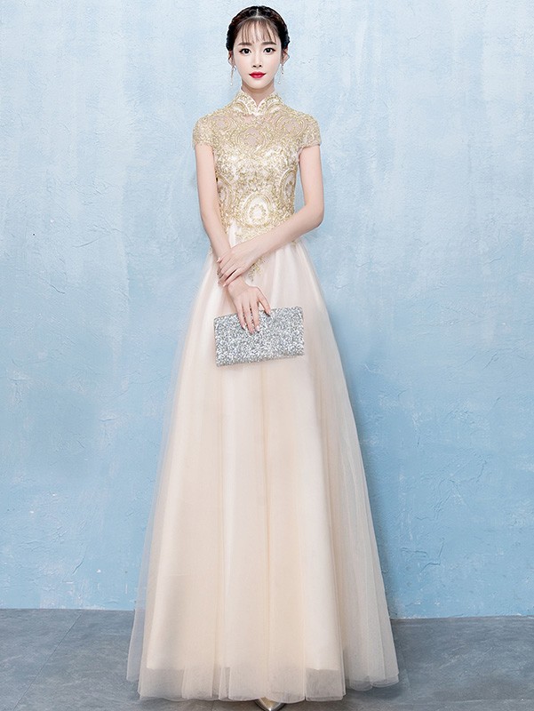 Gold Tulle Floor Length Qipao / Cheongsam Evening Dress