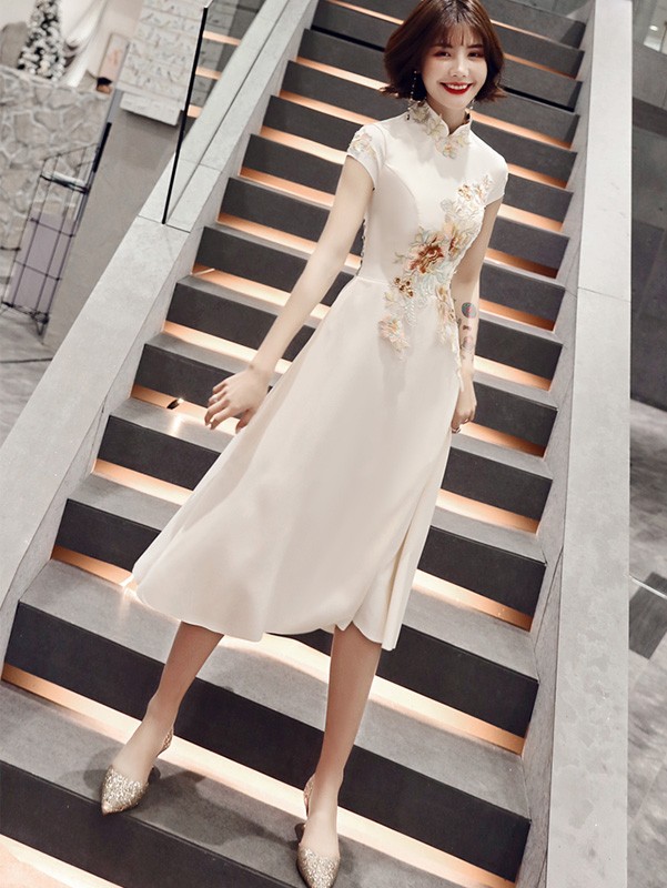 White Floral A-Line Mid Qipao / Cheongsam Party Dress
