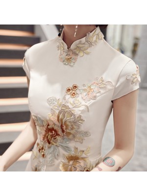 White Floral A-Line Mid Qipao / Cheongsam Party Dress