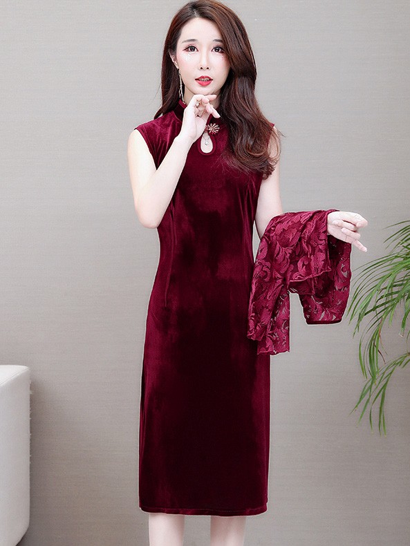 Two Piece Bride Mother Red Velvet Qipao / Cheongsam Dress