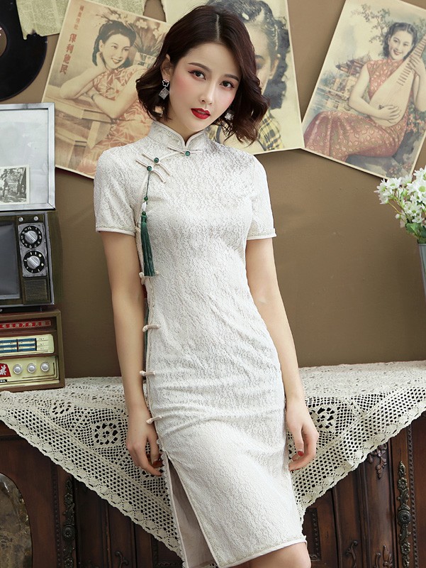 White Lace 2022 Modern  Cheongsam  Qipao Dress  CozyLadyWear