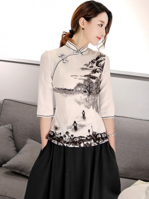 2020 Printing Qipao / Cheongsam Blouse Top with 3/4 Sleeve