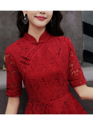 Wine Red A-Line Lace Short Qipao / Cheongsam Dress