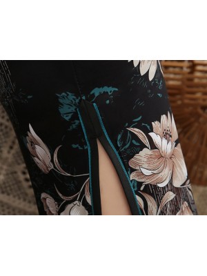 Black Floral Mid Qipao / Cheongsam Party Dress
