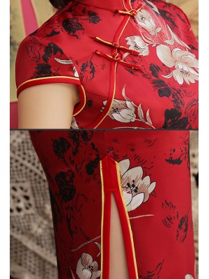 Red Floral Mid Qipao / Cheongsam Party Dress