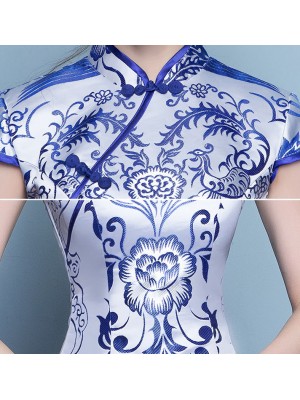 Short Blue & White Floral Qipao / Cheongsam Dress