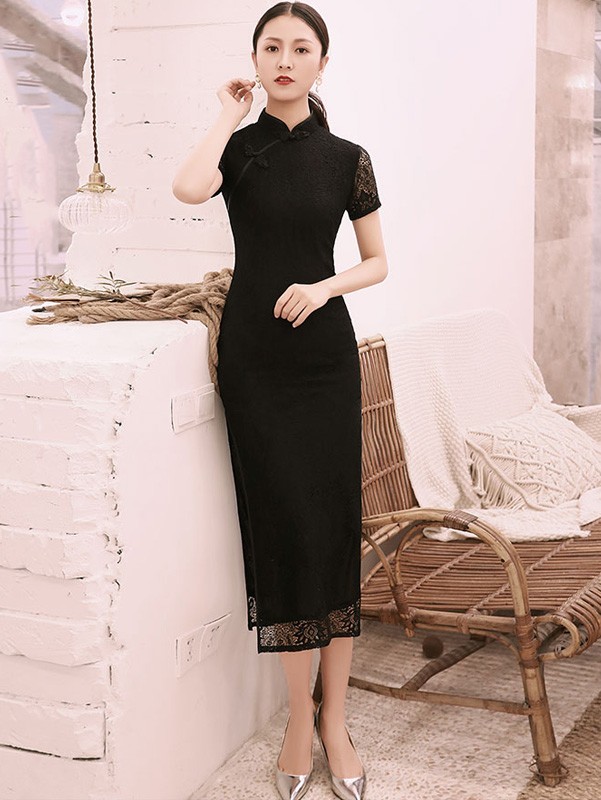 Black Lace Slit Long Qipao / Cheongsam Prom Dress