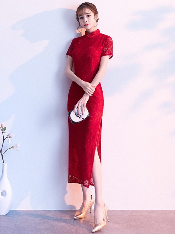 Red Lace Slit Long Qipao / Cheongsam Prom Dress