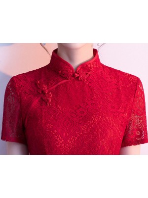 Red Lace Slit Long Qipao / Cheongsam Prom Dress
