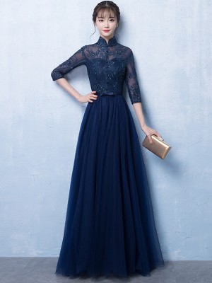 Blue Sequined Qipao / Cheongsam Evening Dress with Tulle Skirt