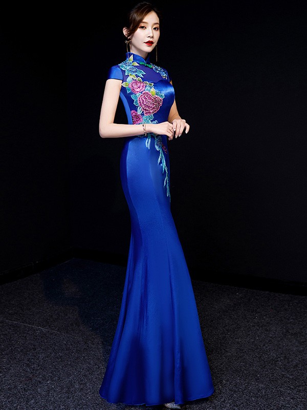 Blue Beaded Floral Fishtail Qipao / Cheongsam Evening Dress