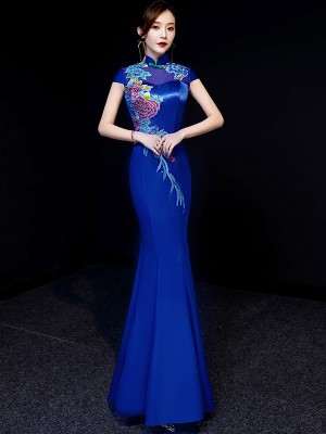 Blue Beaded Floral Fishtail Qipao / Cheongsam Evening Dress