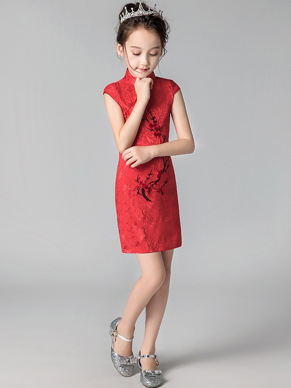 Red Embroidered Floral Kids Girl's Cheongsam / Qipao Dress