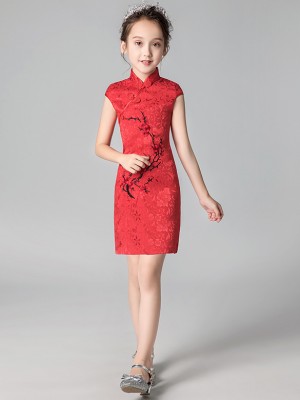 Red Embroidered Floral Kids Girl's Cheongsam / Qipao Dress