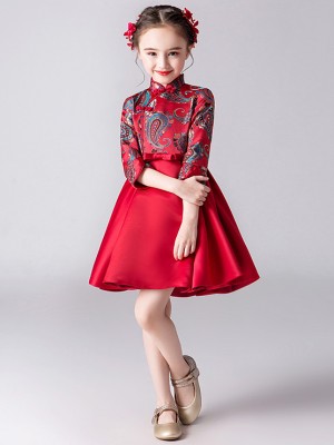 Red Woven A-Line Girl Qipao / Cheongsam Dress