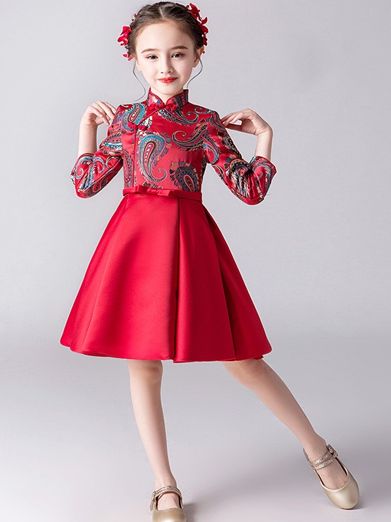 Red Woven A-Line Girl Qipao / Cheongsam Dress