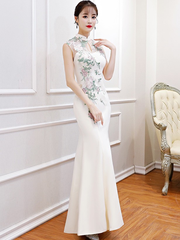 White Beads Floral Qipao / Cheongsam ...