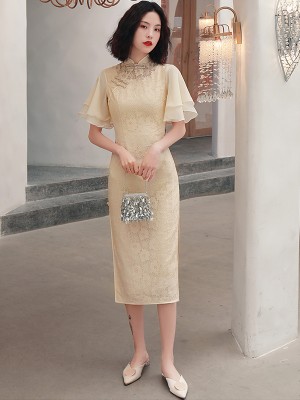 Champagne Lace Tea Length Qipao / Cheongsam Dress with Flutter Sleeve