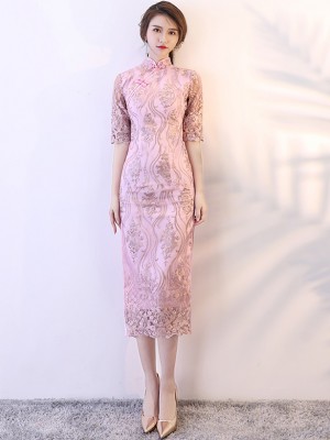 Pink Lace Tea Length Qipao / Cheongsam Party Dress