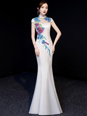 White Floral Floor-Length Qipao / Cheongsam Graduation Dress