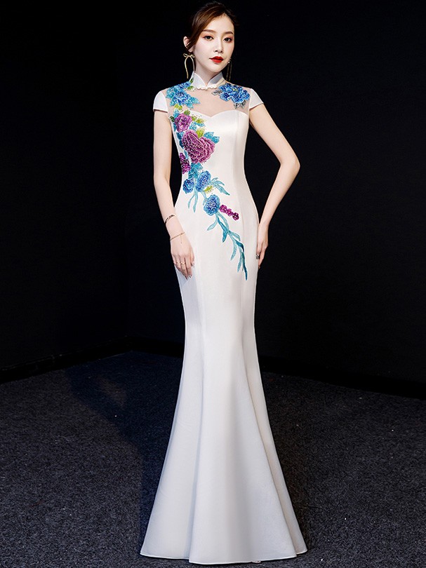 White Floral Floor Length Qipao Cheongsam Graduation Dress