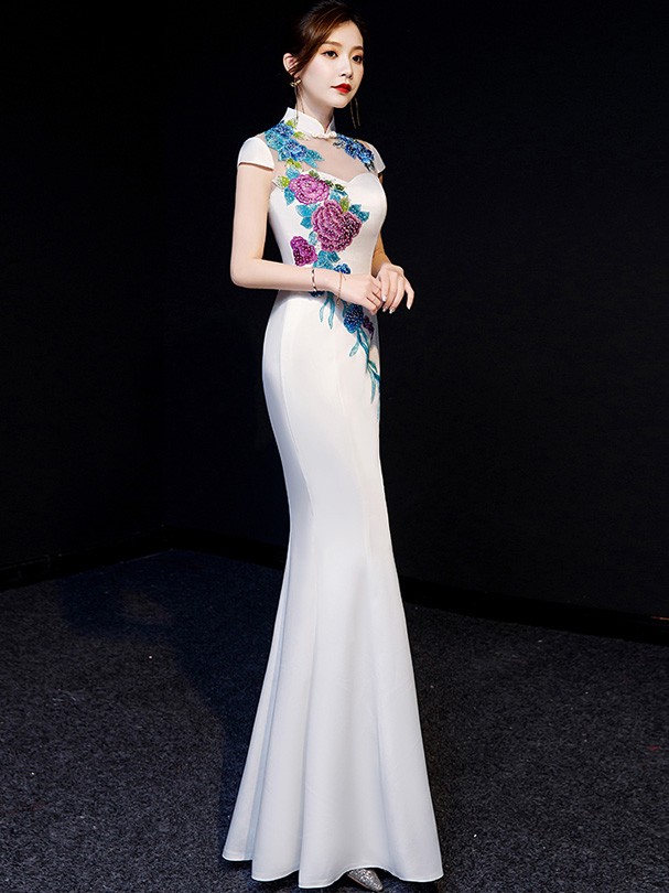White Floral Floor-Length Qipao / Cheongsam Graduation Dress