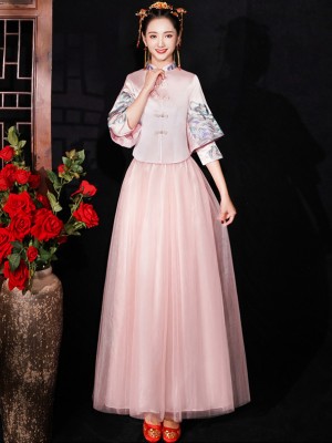 Pink Shimmering Bridesmaid Wedding Qun Kwa & Tulle Skirt