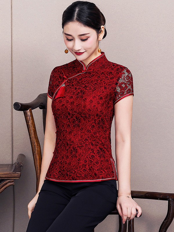 Wine Red Lace Qipao / Cheongsam Blouse Top