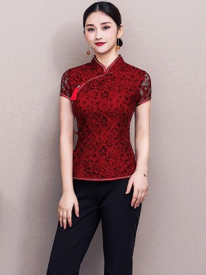 Wine Red Lace Qipao / Cheongsam Blouse Top