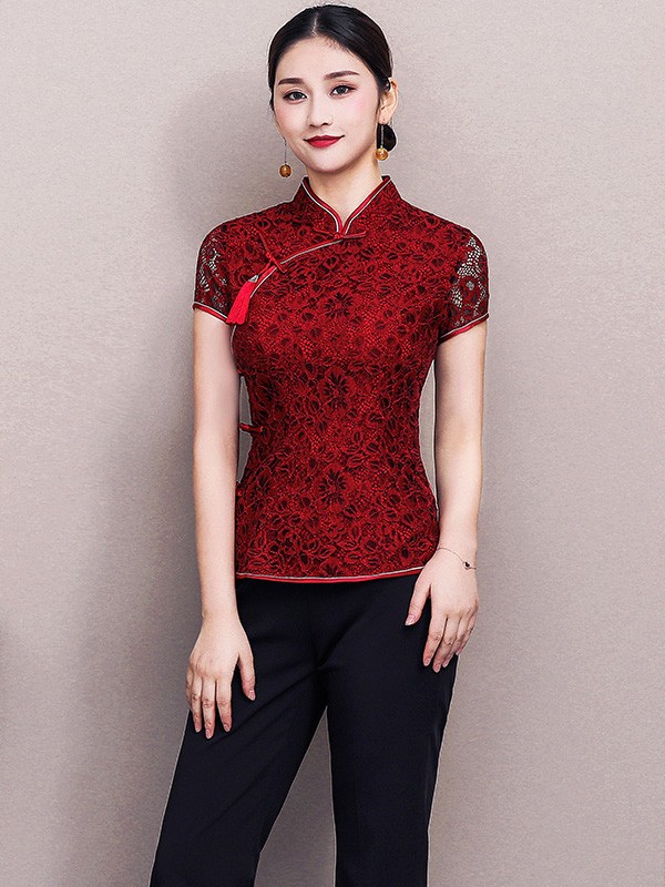 Wine Red Lace Qipao / Cheongsam Blouse ...