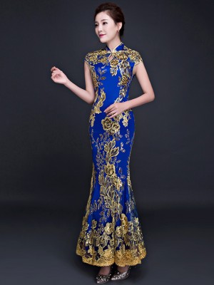 Blue Sequined Fishtail Qipao / Cheongsam Evening Dress