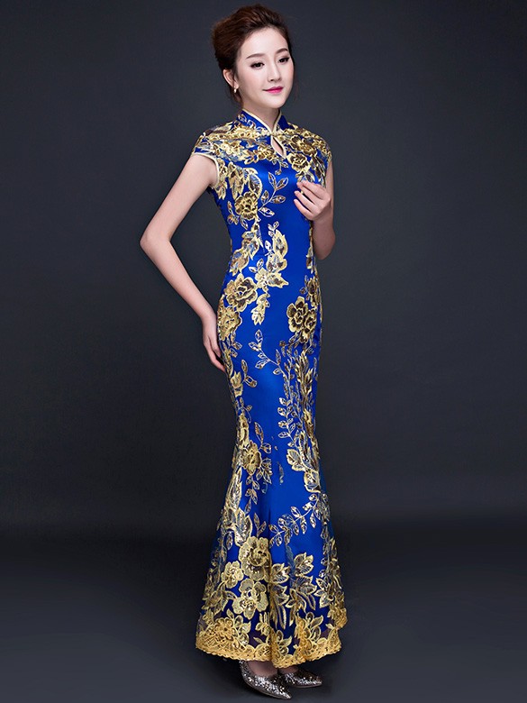 Blue Sequined Fishtail Qipao / Cheongsam Wedding Dress