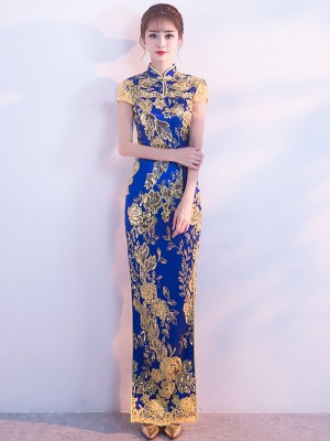 Blue Sequined Floral Long Qipao / Cheongsam Evening Dress