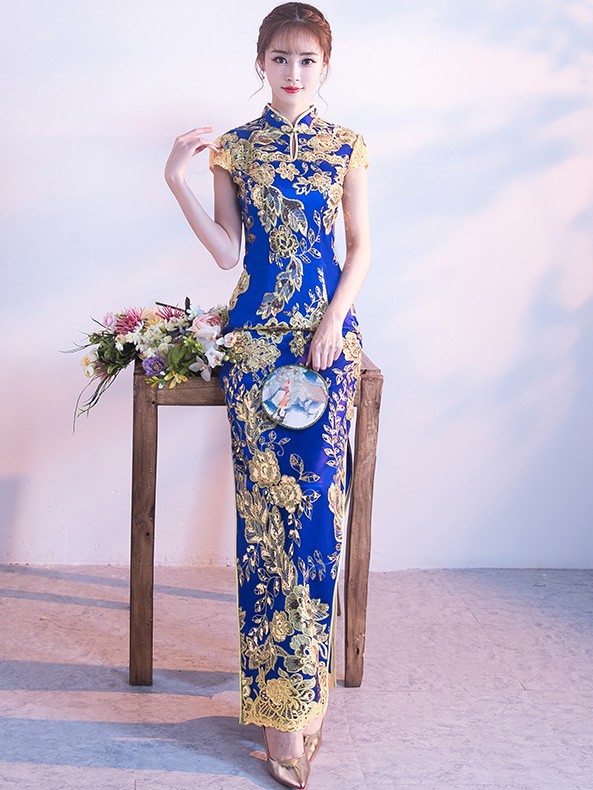 Blue Sequined Floral Long Qipao / Cheongsam Evening Dress