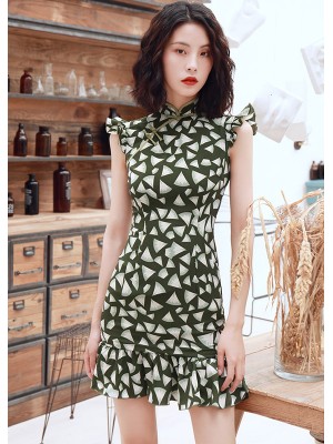 Olive Green Frill Hem Qipao / Cheongsam Dress