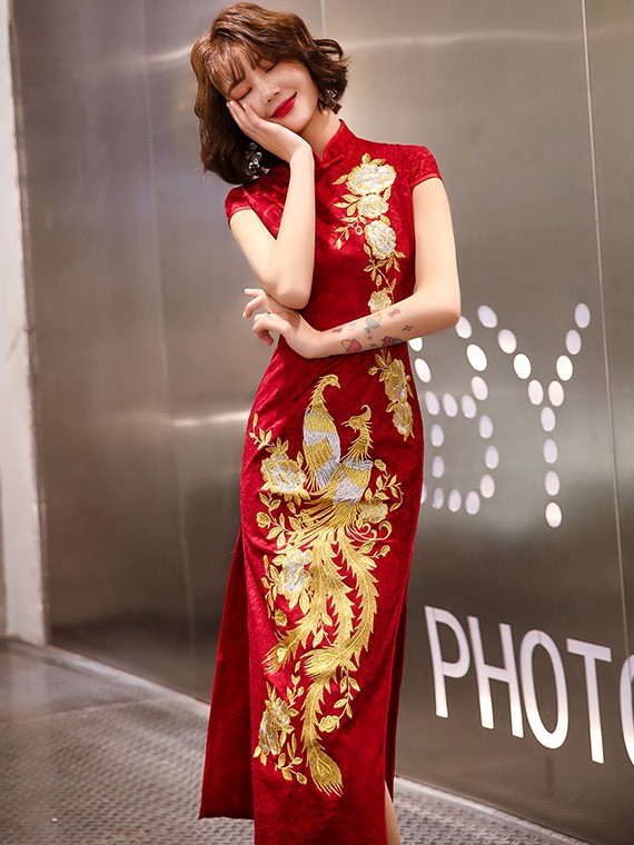 Red Embroidered Phoenix Long Qipao / Cheongsam Wedding Dress