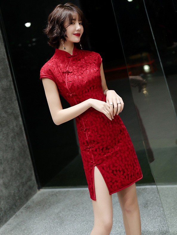 Red White Lace Short Qipao Cheongsam Party Dress Cozyladywear